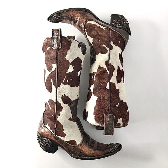Giuseppe Zanotti Crystals Cow Print Pull On Western Cowgirl Heeled Boots 7 - Picture 2 of 9